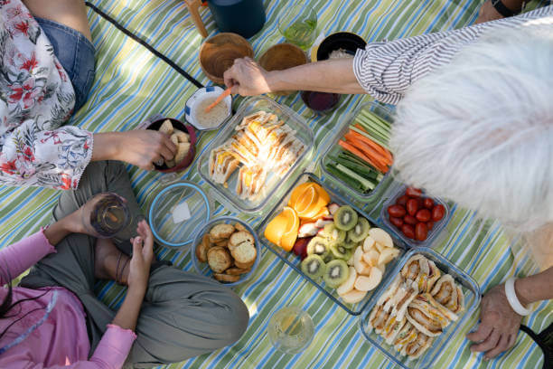 Sommer Snacks ohne Kühlung auf einer Picknickdecke mit frischen Früchten und Gemüse.